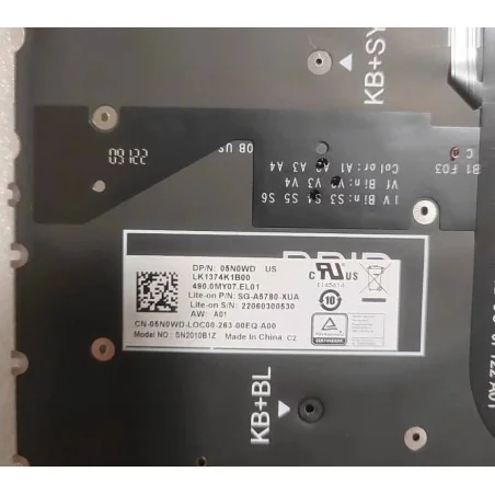 Tastiera US Inglese 05N0WD SG-A5780-XUA SN2010B1Z LK1374K1B00 per Dell Inspiron 16 7620 (Retroilluminata)