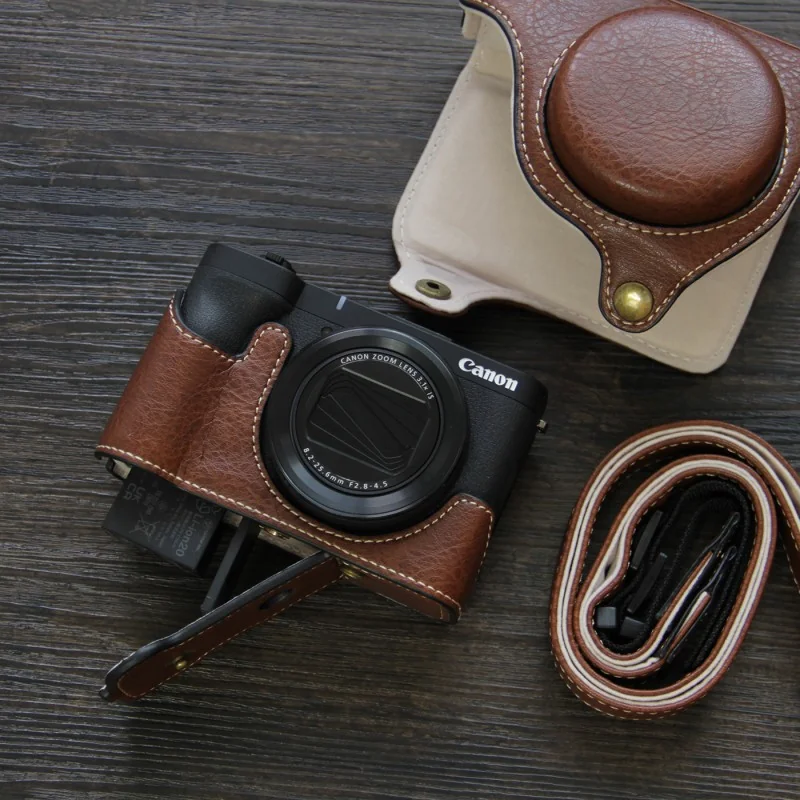 Funda de Cuero con Correa para Canon PowerShot V1 – Textura Lichi – 4 Colores